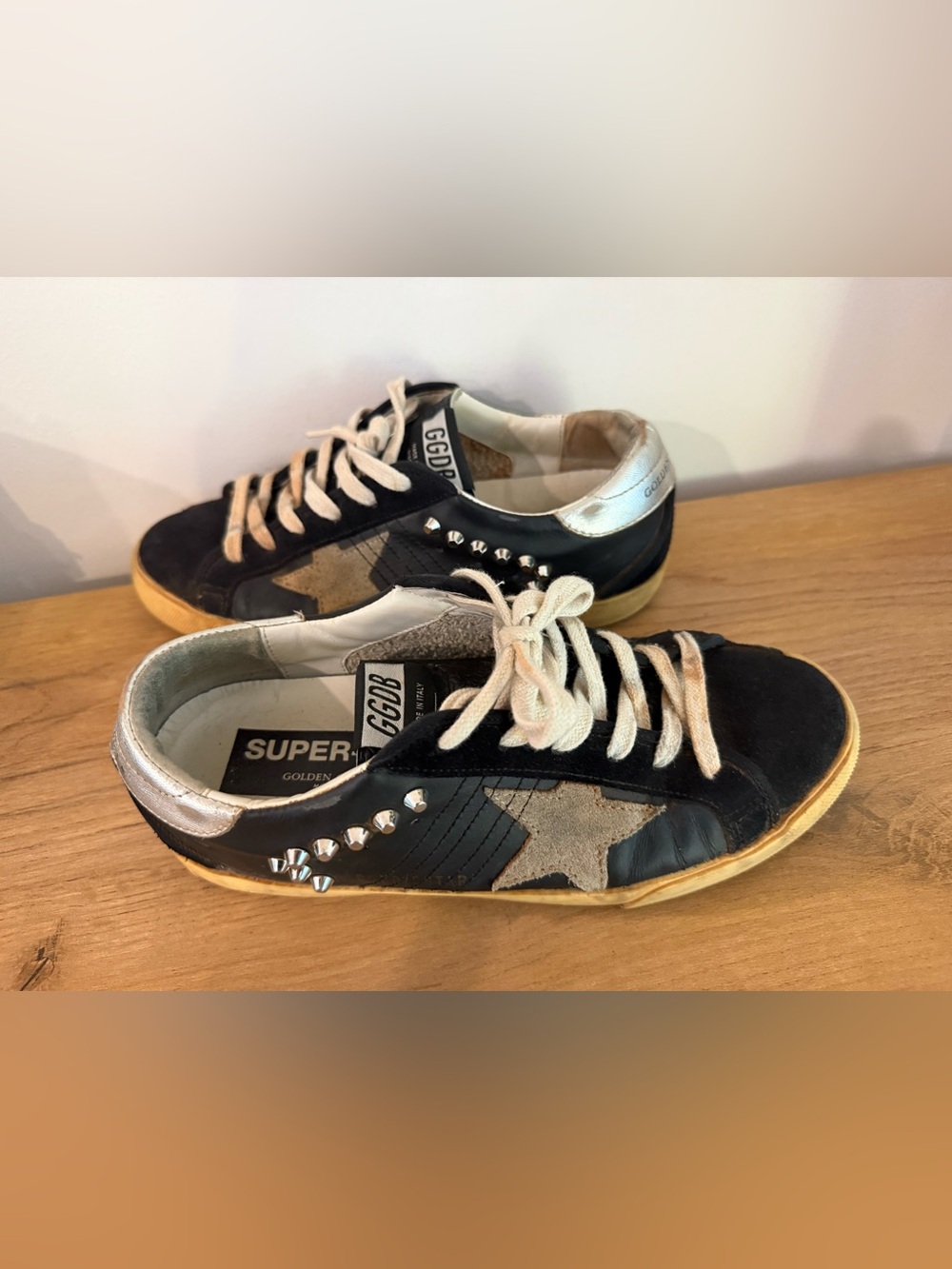 Golden Goose Black Leather & Suede Sneakers with Beige Star and Silver Heel